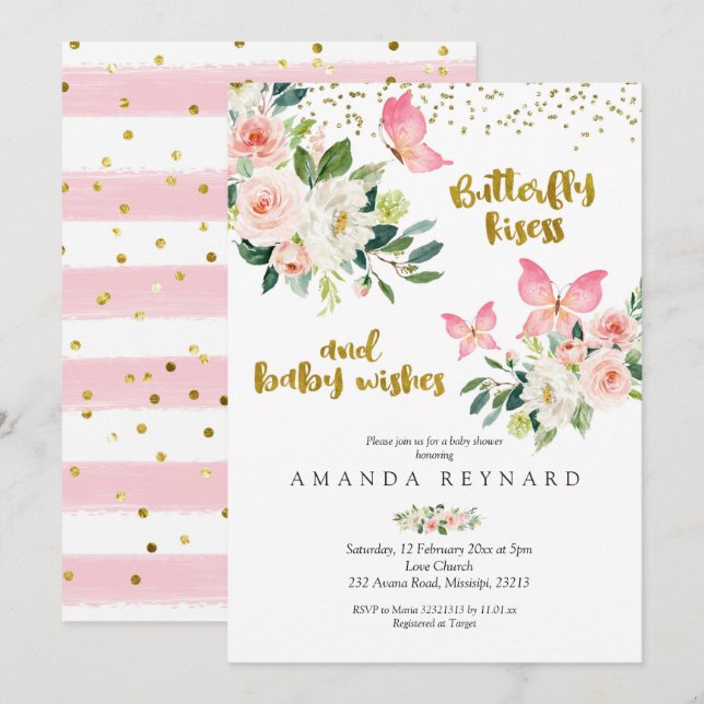 Invitación Besos de mariposa rosada y dorada y deseo de bebé (Anverso / Reverso)