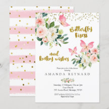 Besos de mariposa rosada y dorada y deseo de bebé