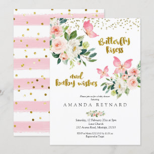Invitación Besos de mariposa rosada y dorada y deseo de bebé