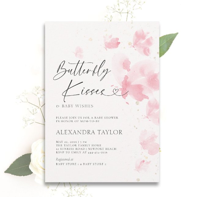 Invitación Besos de mariposa sueña acuarela niña ducha (butterfly baby shower theme girl invitation watercolor whimsical dreamy blush garden party)
