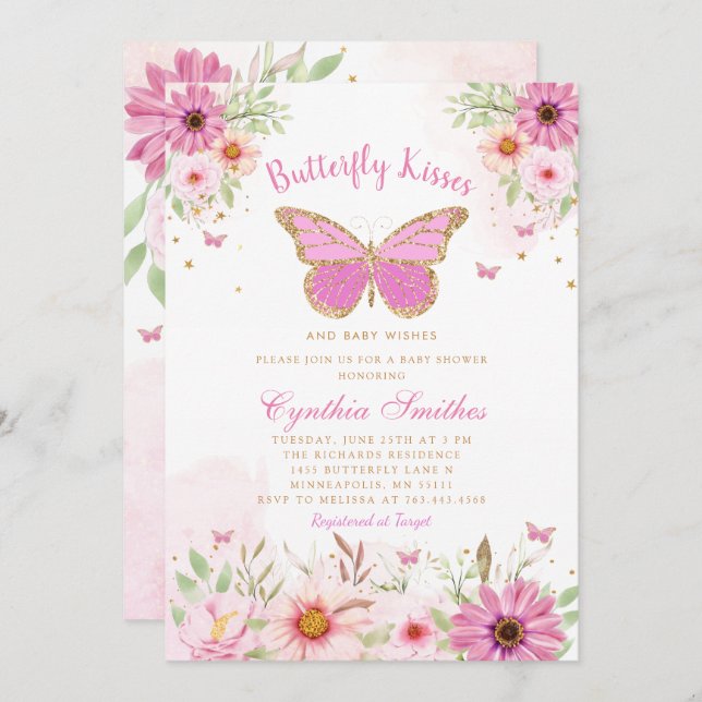 Invitación Besos de mariposa y Chica de deseos de bebé Baby S (Anverso / Reverso)