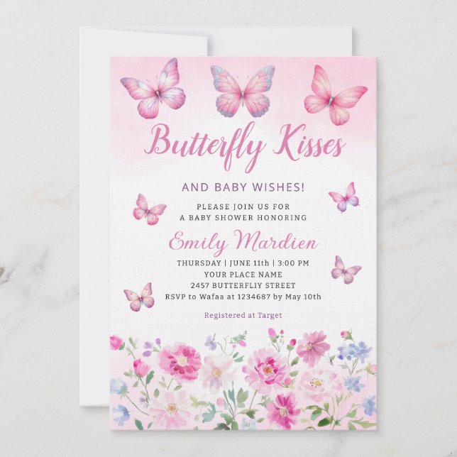 Invitación Besos de mariposa y chica de deseos de bebé Baby S (Anverso)