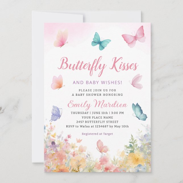 Invitación Besos de mariposa y chica de deseos de bebé Baby S (Anverso)
