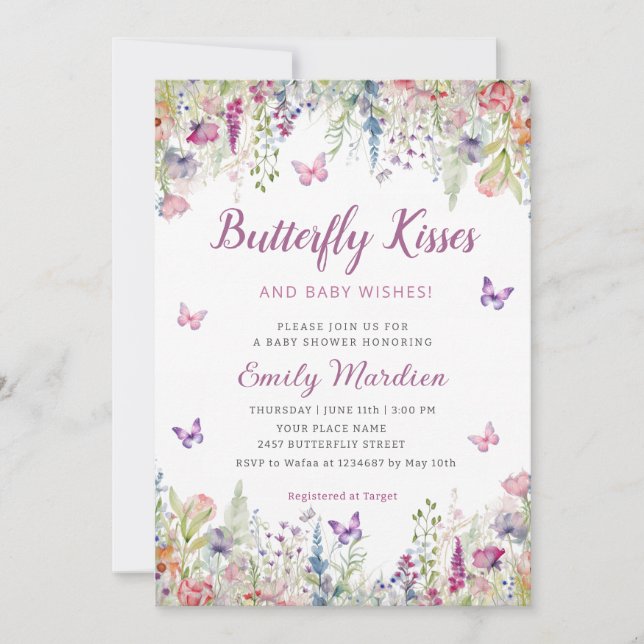 Invitación Besos de mariposa y Chica de deseos de bebé Baby S (Anverso)