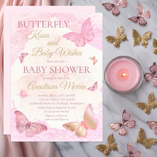 Invitación Besos de mariposa y Chica de deseos de bebé Baby S (Butterfly Kisses and Baby Wishes Pink Girl Baby Shower Invitation - Print | Digital Download)