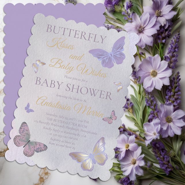 Invitación Besos de mariposa y Chica de deseos de bebé Baby S (Butterfly Kisses and Baby Wishes Girl Baby Shower Lavender and Gold Tone Invitation - Print Download)