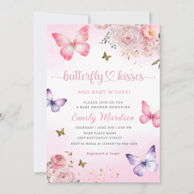 Invitación Besos de mariposa y Chica de deseos de bebé Baby S (Anverso)