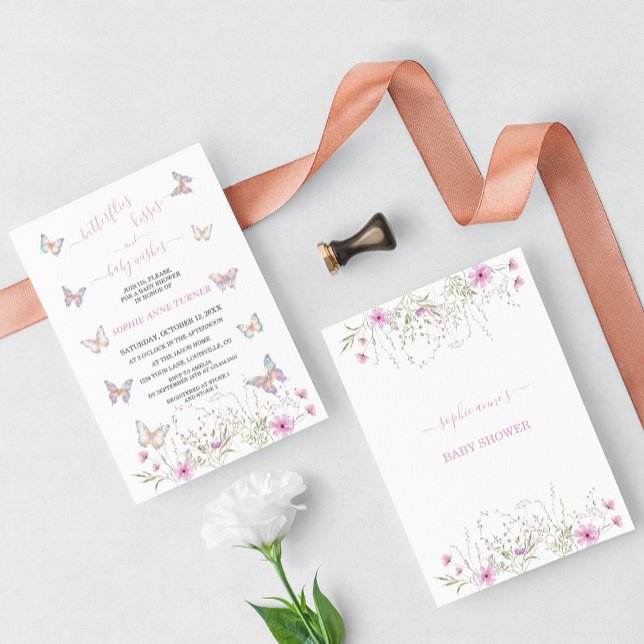 Invitación Besos de mariposa y deseo de bebé Baby Shower (butterfly baby shower invitation, meadow flowers butterflies baby shower invite, trendy baby shower)