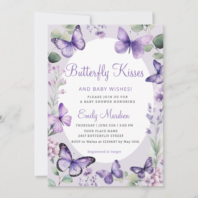 Invitación Besos de mariposa y deseo de bebé Baby Shower mora (Anverso)