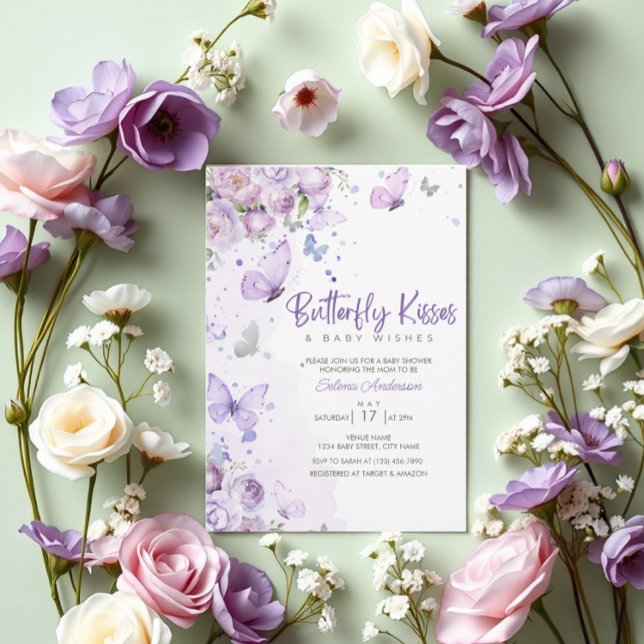 Invitación Besos de mariposa y deseo de bebé Baby Shower mora (Subido por el creador)