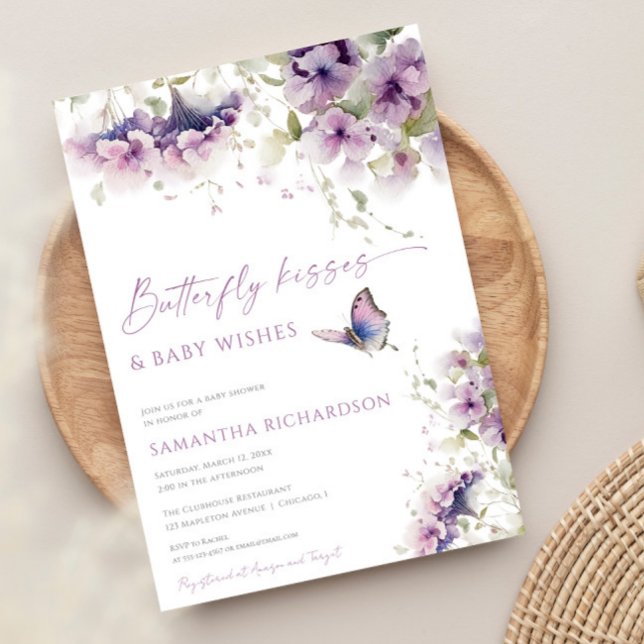 Invitación Besos de mariposa y deseo de bebé lavanda morada (Subido por el creador)