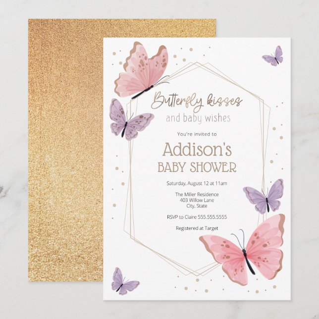 Invitación Besos de mariposa y deseos de bebé Baby Shower (Anverso / Reverso)