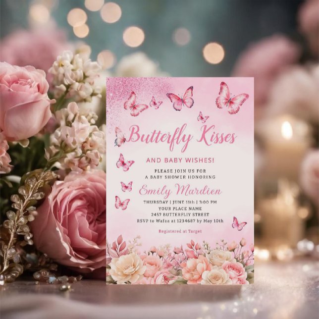 Invitación Besos de mariposa y deseos de bebé Baby Shower ros (Subido por el creador)
