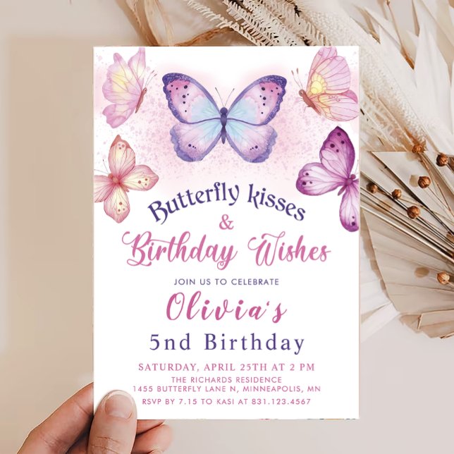 Invitación Besos de mariposa y deseos de cumpleaños Chicas Cu (Subido por el creador)