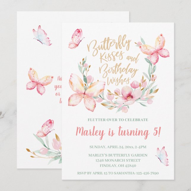 Invitación Besos de mariposa y deseos de cumpleaños, cualquie (Anverso / Reverso)