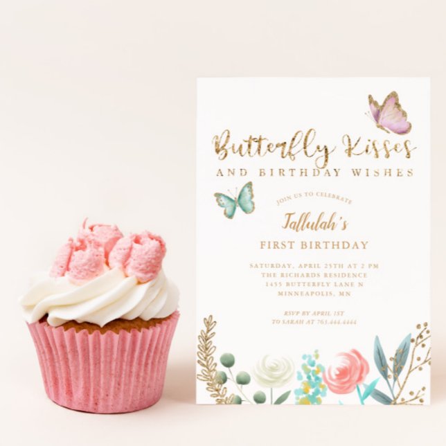 Invitación Besos de mariposa y deseos de cumpleaños de floral (Subido por el creador)