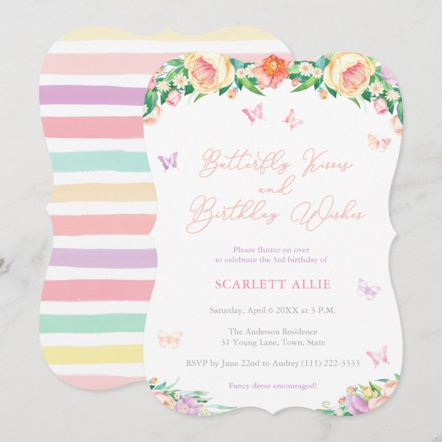 Invitación Besos de mariposa y Fiesta de deseos de cumpleaños (Anverso / Reverso)