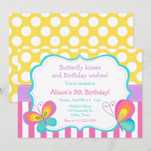 Invitación Besos de mariposa y Fiesta de deseos de cumpleaños (Anverso / Reverso)