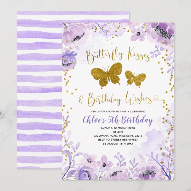 Invitación Besos y cumpleaños de mariposa de lavanda púrpura (Anverso / Reverso)
