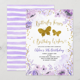 Invitación Besos y cumpleaños de mariposa de lavanda púrpura 