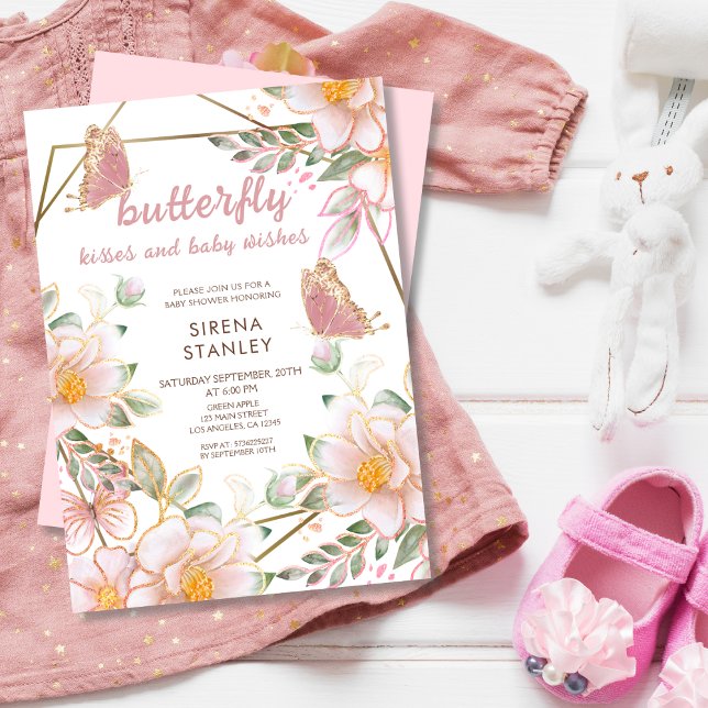 Invitación Besos y deseos de mariposa Chica rosa Baby Shower (Subido por el creador)