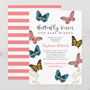 Invitación Besos y deseos de mariposa en Baby Shower rosa