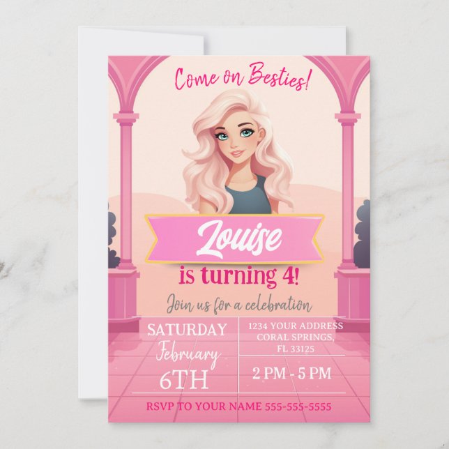 Invitación Besties Pink Doll Birthday (Anverso)