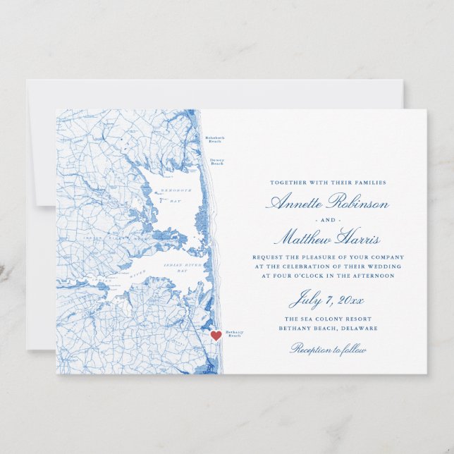 Invitación Bethany Beach DE Map Elegante Boda azul de la Mari (Anverso)