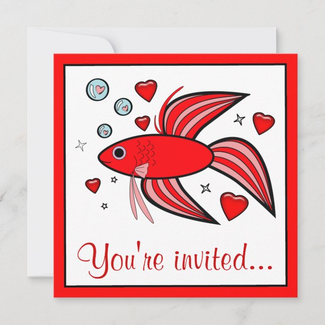 Invitación Betta Fish con corazones Fiesta de San Valentín (Anverso)