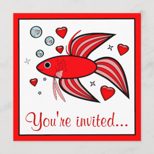 Invitación Betta Fish con corazones Fiesta de San Valentín