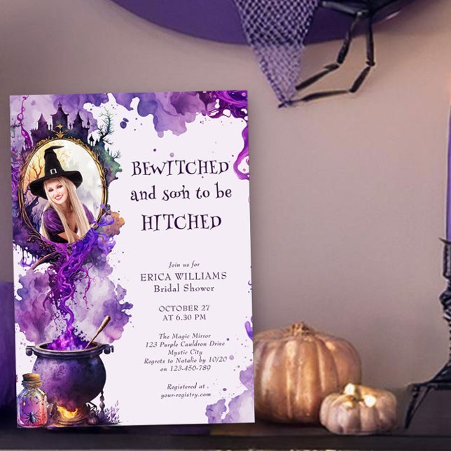Invitación Bewitan a una ducha de novia con fotos de Hallowee (Photo Invitation - Bewitched and soon-to-be Hitched -Halloween Themed Bridal Shower by Darling & May)