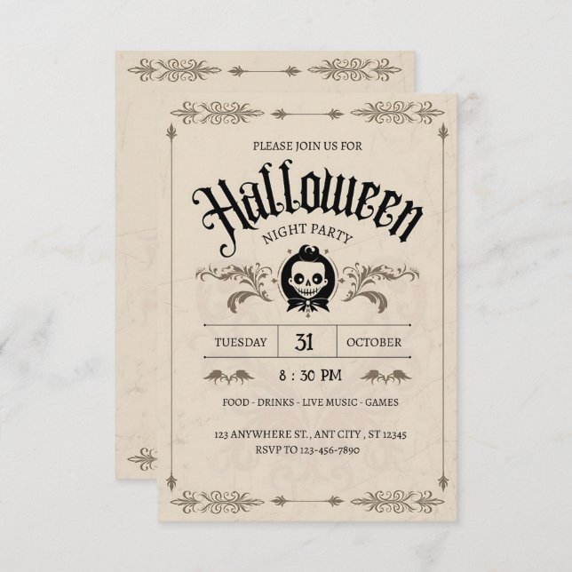 Invitación Bewited Bash: Un Espectáculo Vintage de Halloween (Anverso / Reverso)