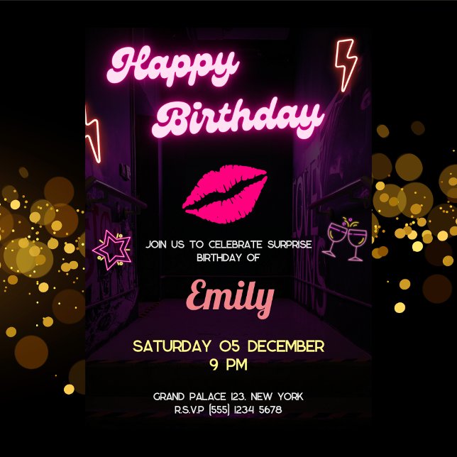 Invitación Bff Birthday Neon Light Lipa Mujeres Chicas (Neon Light Birthday Lips Women Bff Girls Invitation)
