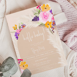 Invitación Bho arca floral rosa beige hola bebé ducha