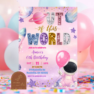Invitación Bi de niña púrpura lentejuelas rosa espacial fuera