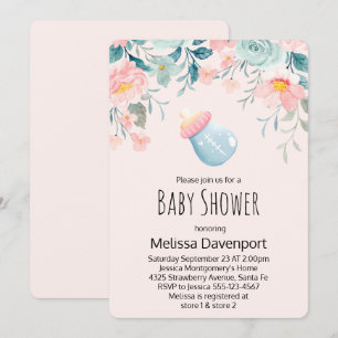 Invitación Biberón azul y rosa con flores para baby shower