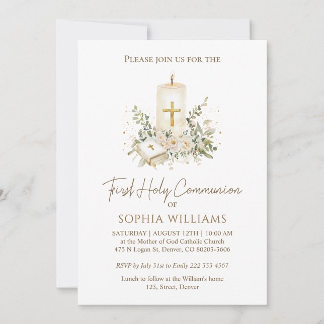 Invitación Bible Candle Cross First Holy Communion Invitation (Anverso)