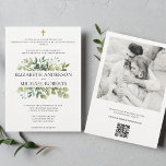 Invitación Bible Verse Catholic Wedding QR code Modern<br><div class="desc">This elegant Catholic wedding invitation features a beautiful greenery design with a cross, making it the perfect choice for a religious ceremony. The front of the invitation is accented by a meaningful Bible verse, adding a touch of spirituality to the special day. On the back, there's a stunning photo of...</div>