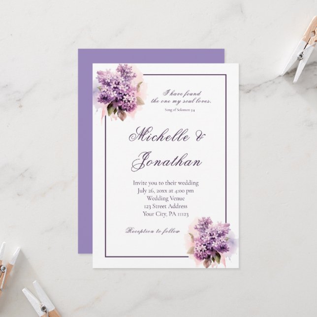 Invitación Biblia de marco floral de Lilac contra Boda cristi (Anverso/Reverso In Situ)