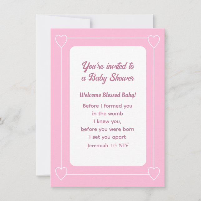 Invitación Bíblica Baby Shower suave contra luz rosa simple (Anverso)