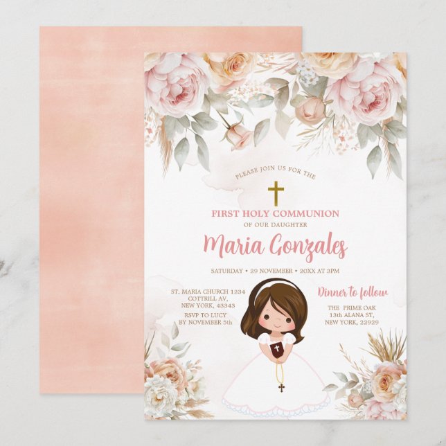 Invitación Bíblica Chica Cuta Primera Santa Comunión Peach Fl (Anverso / Reverso)
