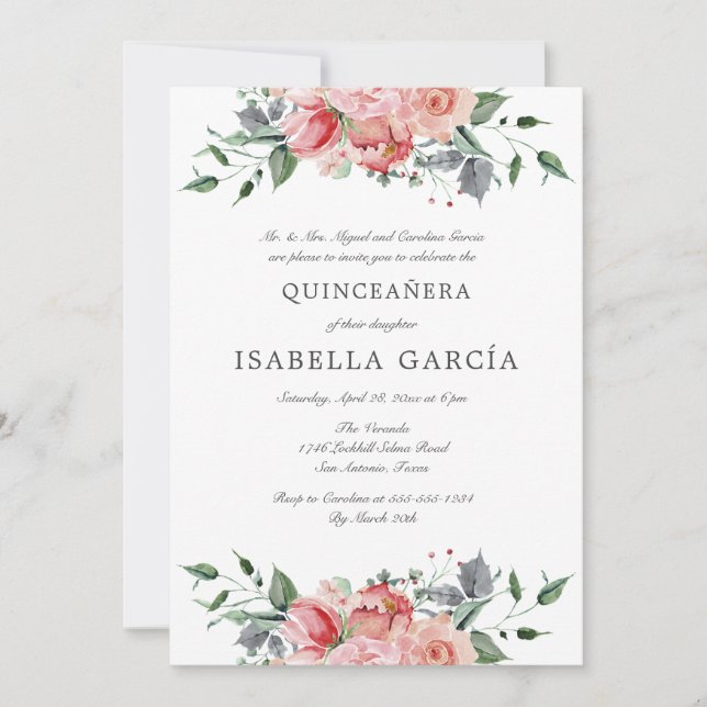Invitación Bíblica de fotos florales rosas Verse Quinceañera (Anverso)