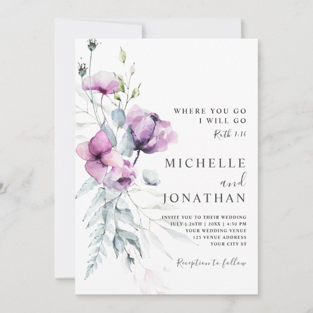 Invitación Bíblica floral gris de lavanda versus Boda cristia (Anverso)