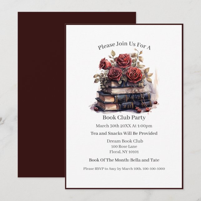Invitación Bibliófilo, Amante de los libros, Club de lectura (Anverso / Reverso)