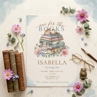 Invitación Biblioteca de cuentos One For The Books 1er cumple