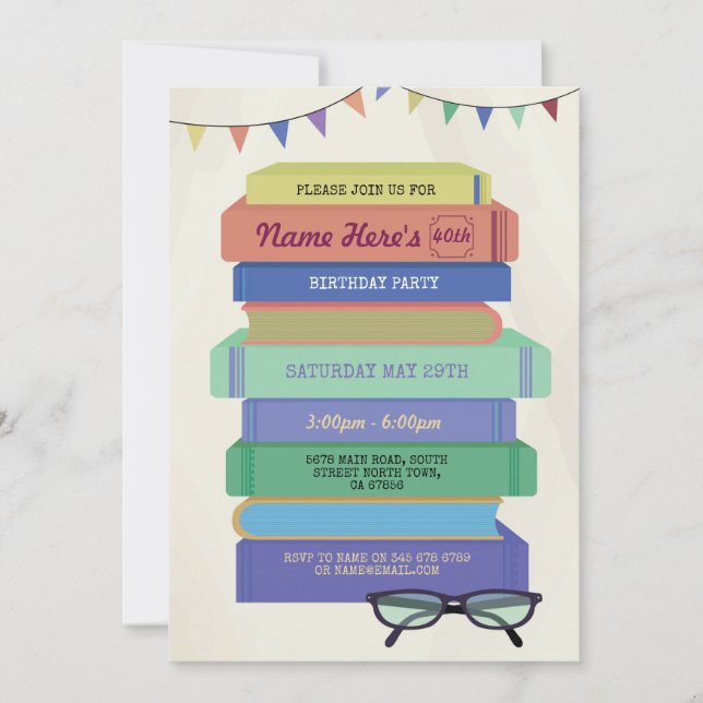 Invitación Biblioteca de Cumpleaños de Libros Invitar Pila de (Anverso)