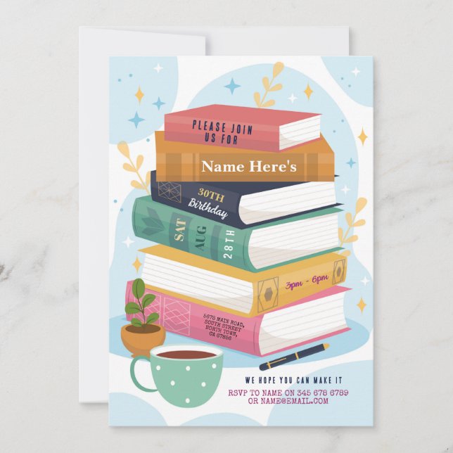 Invitación Biblioteca de Cumpleaños de Libros Invite a leer l (Anverso)
