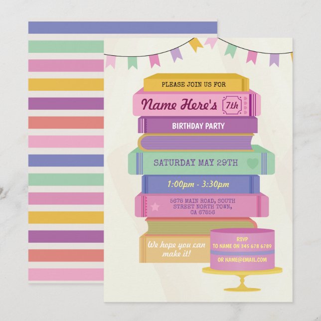 Invitación Biblioteca de cumpleaños del libro invita a leer p (Anverso / Reverso)