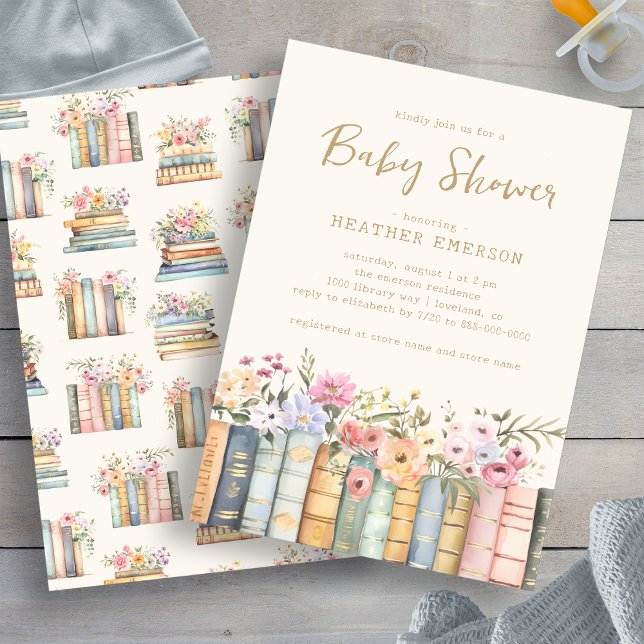Invitación Biblioteca de libros (Wildflower Books Library Bridal Shower Invitation by Painted Paperie
)