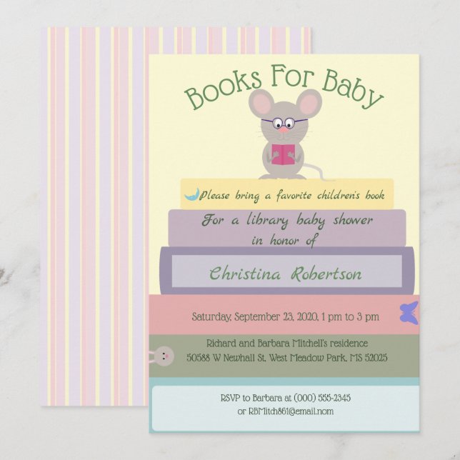 Invitación Biblioteca De Ratones Cutos Baby Shower En Pintas (Anverso / Reverso)